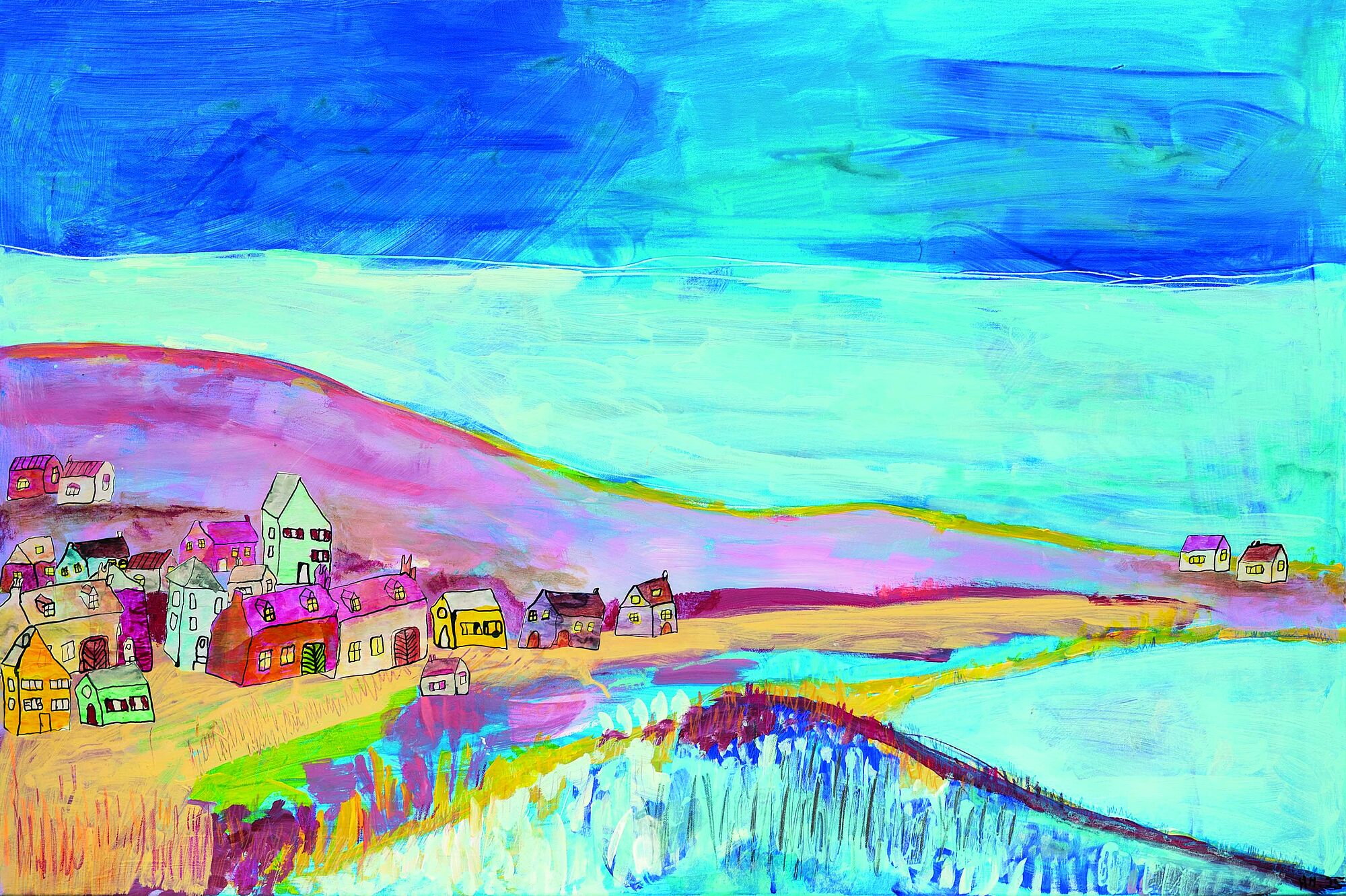 Bild der blaue See Ein Kunsterwerk auf dem abstrakt ein See mit einer angrenzenden Häusersiedlung zu sehen ist